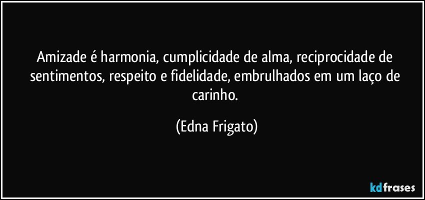 Amizade é harmonia, cumplicidade de alma, reciprocidade de sentimentos, respeito e fidelidade, embrulhados em um laço de carinho. (Edna Frigato)