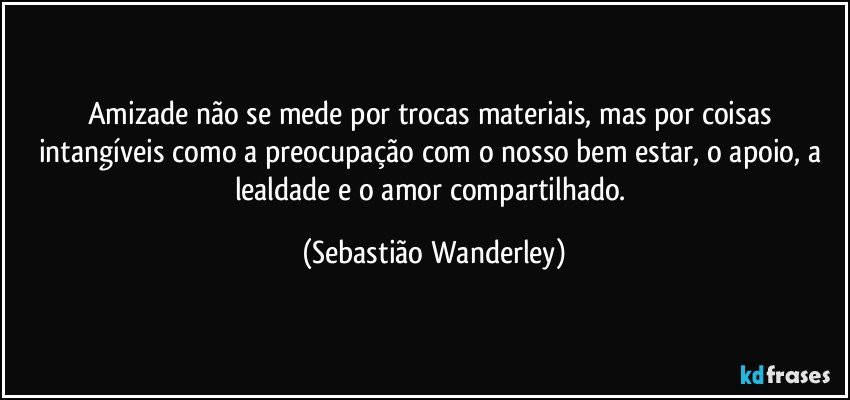 Amizade não se mede por trocas materiais, mas por coisas intangíveis como a preocupação com o nosso bem estar, o apoio, a lealdade e o amor compartilhado. (Sebastião Wanderley)