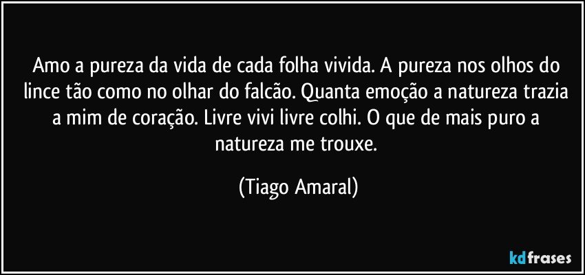 Amo a pureza da vida de cada folha vivida. A pureza nos olhos do lince tão como no olhar do falcão. Quanta emoção a natureza trazia a mim de coração. Livre vivi livre colhi. O que de mais puro a natureza me trouxe. (Tiago Amaral)