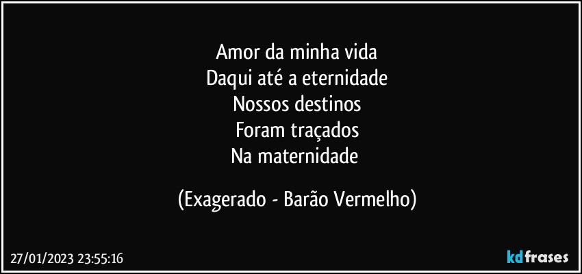 Amor da minha vida
Daqui até a eternidade
Nossos destinos
Foram traçados
Na maternidade (Exagerado - Barão Vermelho)