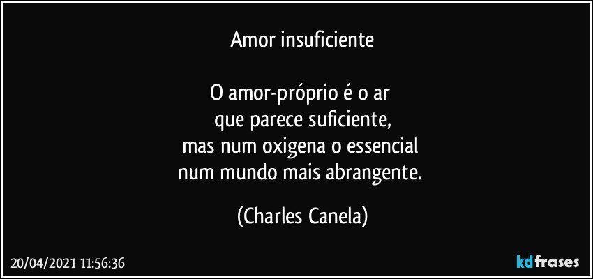 Amor insuficiente

O amor-próprio é o ar 
que parece suficiente,
mas num oxigena o essencial 
num mundo mais abrangente. (Charles Canela)