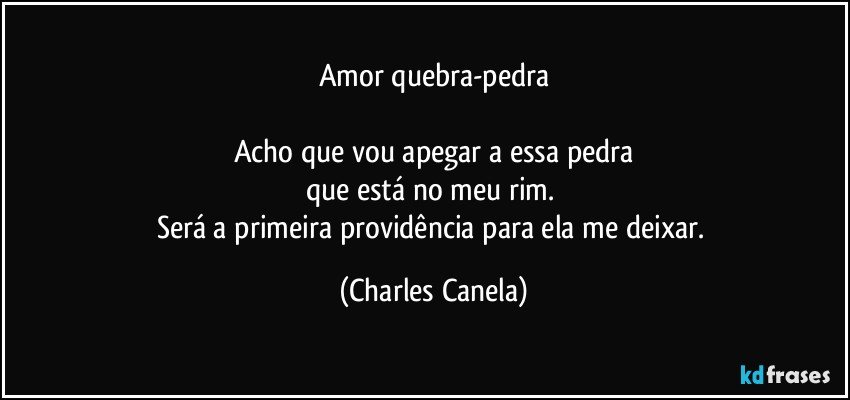 Amor quebra-pedra

Acho que vou apegar a essa pedra
que está no meu rim. 
Será a primeira providência para ela me deixar. (Charles Canela)