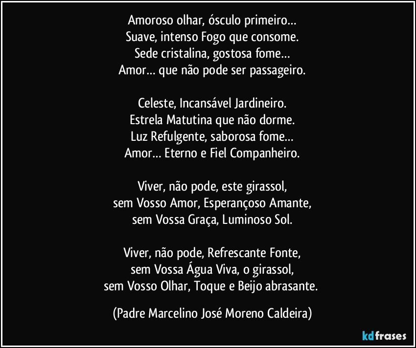 Amoroso olhar, ósculo primeiro…
Suave, intenso Fogo que consome.
Sede cristalina, gostosa fome…
Amor… que não pode ser passageiro.

Celeste, Incansável Jardineiro.
Estrela Matutina que não dorme.
Luz Refulgente, saborosa fome…
Amor… Eterno e Fiel Companheiro.

Viver, não pode, este girassol,
sem Vosso Amor, Esperançoso Amante,
sem Vossa Graça, Luminoso Sol.

Viver, não pode, Refrescante Fonte,
sem Vossa Água Viva, o girassol,
sem Vosso Olhar, Toque e Beijo abrasante. (Padre Marcelino José Moreno Caldeira)