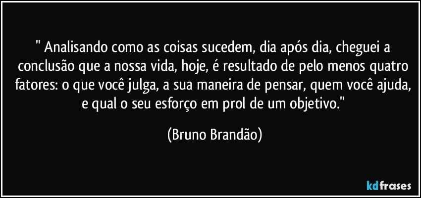 " Analisando como as coisas sucedem, dia após dia, cheguei a conclusão que a nossa vida, hoje, é resultado de pelo menos quatro fatores: o que você julga, a sua maneira de pensar, quem você ajuda, e qual o seu esforço em prol de um objetivo." (Bruno Brandão)