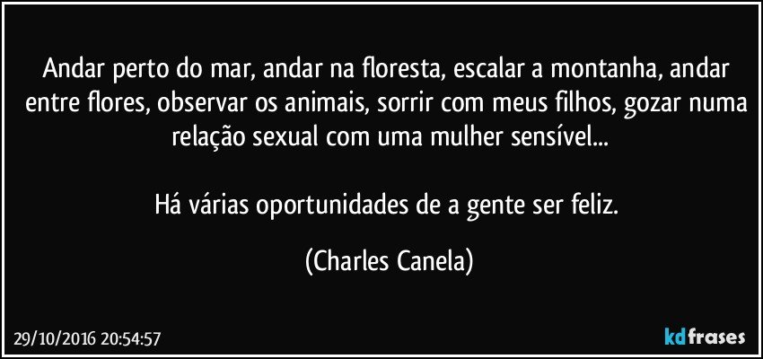 Andar perto do mar, andar na floresta, escalar a montanha, andar entre flores, observar os animais, sorrir com meus filhos, gozar numa relação sexual com uma mulher sensível...

Há várias oportunidades de a gente ser feliz. (Charles Canela)