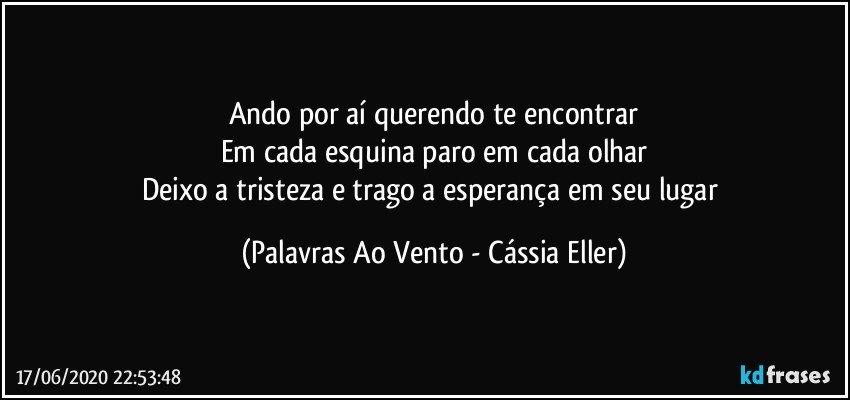 Ando por aí querendo te encontrar
Em cada esquina paro em cada olhar
Deixo a tristeza e trago a esperança em seu lugar (Palavras Ao Vento - Cássia Eller)