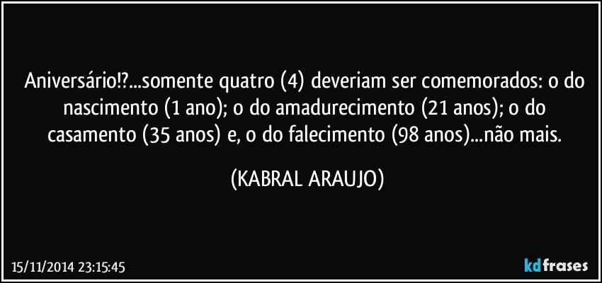 Aniversário!?...somente quatro (4) deveriam ser comemorados: o do nascimento (1 ano); o do amadurecimento (21 anos); o do casamento (35 anos) e, o do falecimento (98 anos)...não mais. (KABRAL ARAUJO)