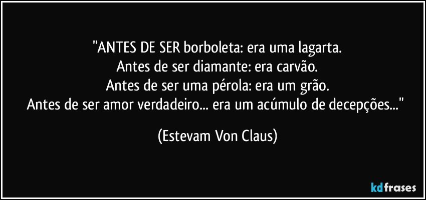 "ANTES DE SER borboleta: era uma lagarta.
Antes de ser diamante: era carvão.
Antes de ser uma pérola: era um grão.
Antes de ser amor verdadeiro... era um acúmulo de decepções..." (Estevam Von Claus)