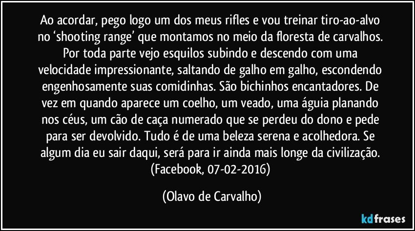 Ao acordar, pego logo um dos meus rifles e vou treinar tiro-ao-alvo no ‘shooting range’ que montamos no meio da floresta de carvalhos. Por toda parte vejo esquilos subindo e descendo com uma velocidade impressionante, saltando de galho em galho, escondendo engenhosamente suas comidinhas. São bichinhos encantadores. De vez em quando aparece um coelho, um veado, uma águia planando nos céus, um cão de caça numerado que se perdeu do dono e pede para ser devolvido. Tudo é de uma beleza serena e acolhedora. Se algum dia eu sair daqui, será para ir ainda mais longe da civilização. (Facebook, 07-02-2016) (Olavo de Carvalho)