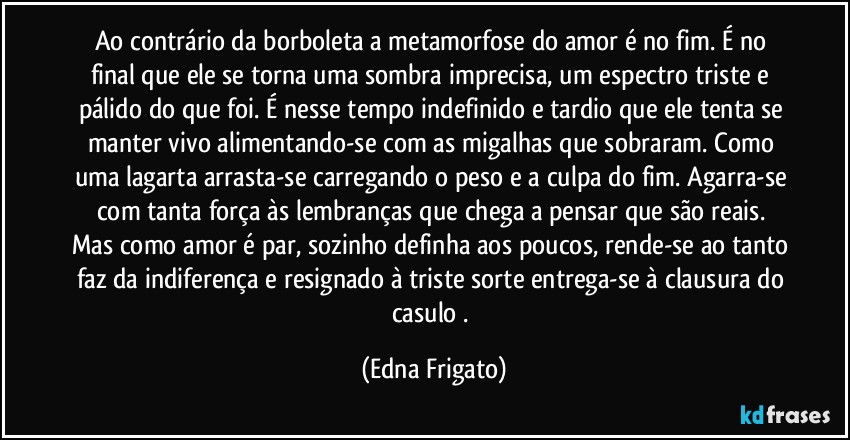 Ao contrário da borboleta a metamorfose do amor é no fim. É no final que ele se torna uma sombra imprecisa, um espectro triste e pálido do que foi. É nesse tempo indefinido e tardio que ele tenta se manter vivo alimentando-se com as migalhas que sobraram. Como uma lagarta arrasta-se carregando o peso e a culpa do fim. Agarra-se com tanta força às lembranças que chega a pensar que são reais. Mas como amor é par, sozinho definha aos poucos, rende-se ao tanto faz da indiferença e resignado à triste sorte entrega-se à clausura do casulo . (Edna Frigato)