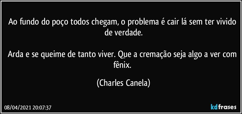 Ao fundo do poço todos chegam, o problema é cair lá sem ter vivido de verdade.

Arda e se queime de tanto viver. Que a cremação seja algo a ver com fênix. (Charles Canela)