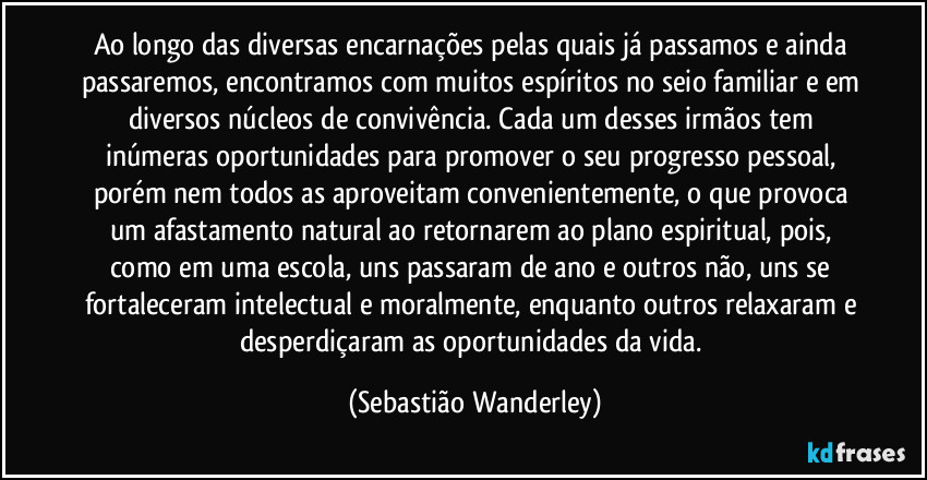 Ao longo das diversas encarnações pelas quais já passamos e ainda passaremos, encontramos com muitos espíritos no seio familiar e em diversos núcleos de convivência. Cada um desses irmãos tem inúmeras oportunidades para promover o seu progresso pessoal, porém nem todos as aproveitam convenientemente, o que provoca um afastamento natural ao retornarem ao plano espiritual, pois, como em uma escola, uns passaram de ano e outros não, uns se fortaleceram intelectual e moralmente, enquanto outros relaxaram e desperdiçaram as oportunidades da vida. (Sebastião Wanderley)