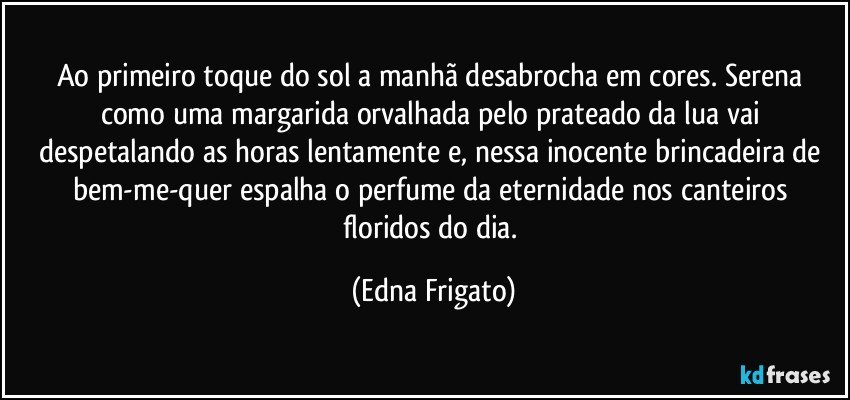 Ao primeiro toque do sol a manhã desabrocha em cores. Serena como uma margarida orvalhada pelo prateado da lua vai despetalando as horas lentamente e, nessa inocente brincadeira de bem-me-quer  espalha o perfume da eternidade nos canteiros floridos do dia. (Edna Frigato)