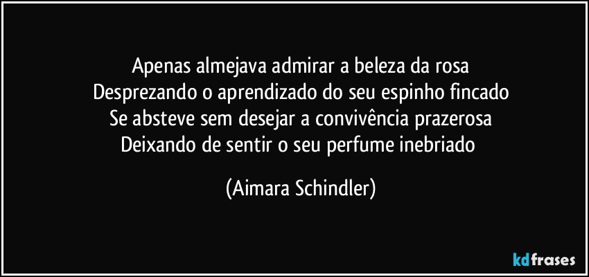 Apenas  almejava admirar a beleza da rosa
Desprezando o aprendizado do seu espinho fincado
Se absteve sem desejar a convivência prazerosa
Deixando de sentir o seu perfume inebriado (Aimara Schindler)