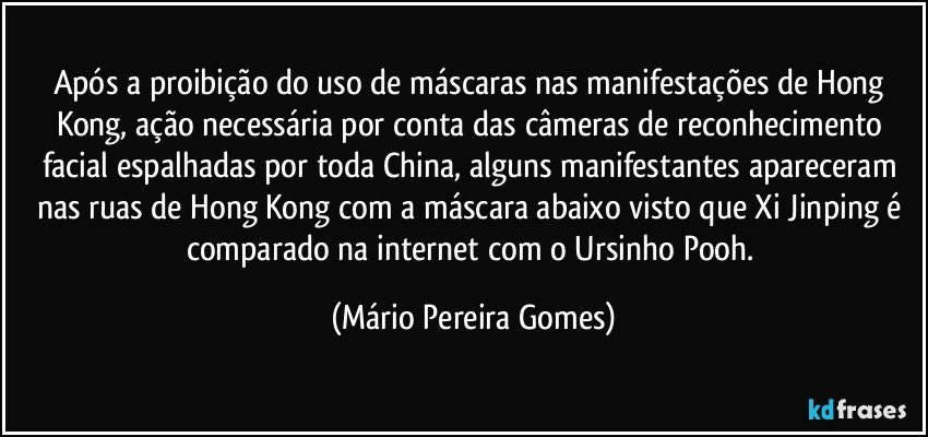 Após a proibição do uso de máscaras nas manifestações de Hong Kong, ação necessária por conta das câmeras de reconhecimento facial espalhadas por toda China, alguns manifestantes apareceram nas ruas de Hong Kong com a máscara abaixo visto que Xi Jinping é comparado na internet com o Ursinho Pooh. (Mário Pereira Gomes)