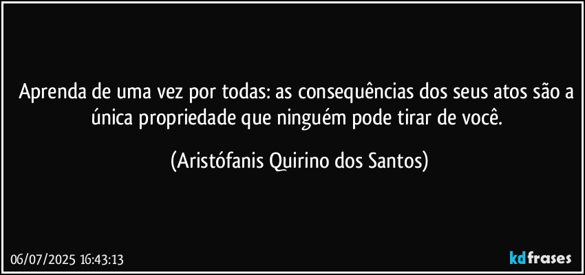 Aprenda de uma vez por todas: as consequências dos seus atos são a única propriedade que ninguém pode tirar de você. (Aristófanis Quirino dos Santos)