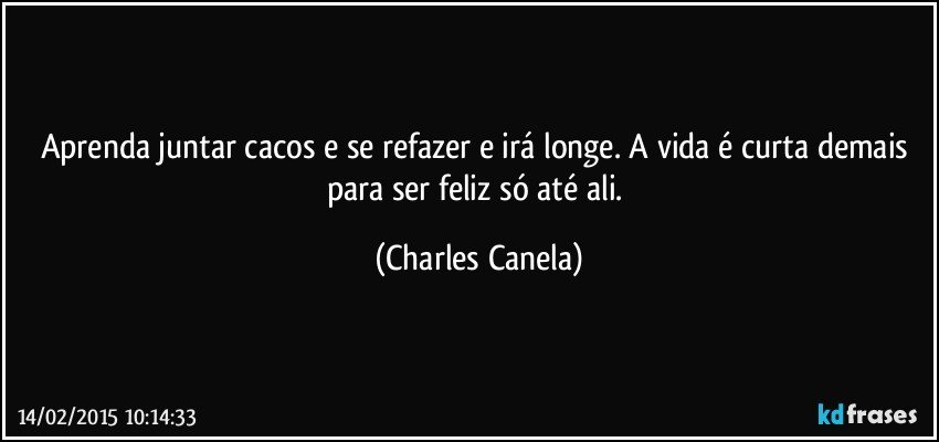 Aprenda juntar cacos e se refazer e irá longe. A vida é curta demais para ser feliz só até ali. (Charles Canela)