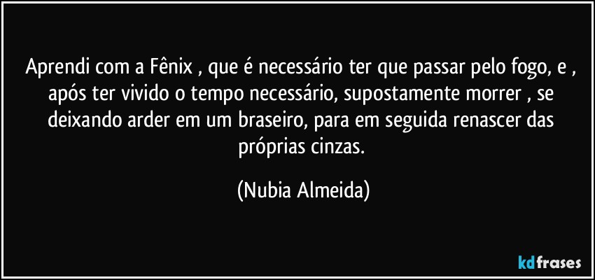 Aprendi com a Fênix , que é necessário ter que passar pelo fogo,  e , após  ter vivido o tempo necessário, supostamente morrer , se deixando  arder em um braseiro, para em seguida renascer das próprias cinzas. (Nubia Almeida)