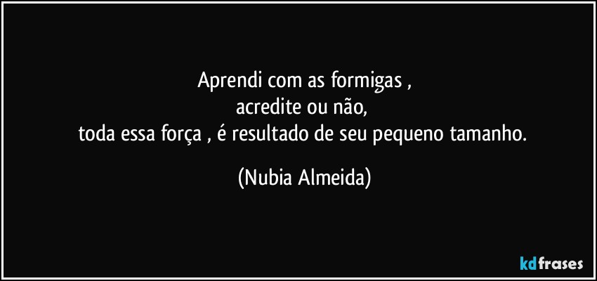 Aprendi com as formigas ,
acredite ou não, 
toda essa força , é resultado de seu pequeno tamanho. (Nubia Almeida)