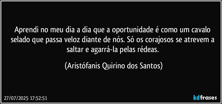 Aprendi no meu dia a dia que a oportunidade é como um cavalo selado que passa veloz diante de nós. Só os corajosos se atrevem a saltar e agarrá-la pelas rédeas. (Aristófanis Quirino dos Santos)
