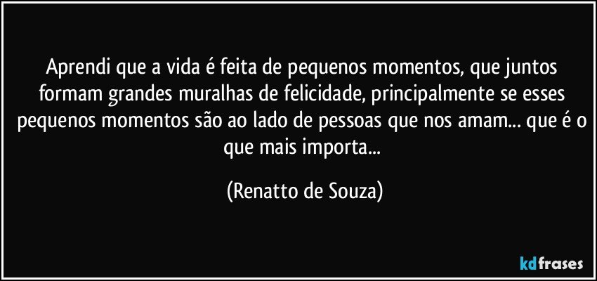 Aprendi que a vida é feita de pequenos momentos, que juntos formam grandes muralhas de felicidade, principalmente se esses pequenos momentos são ao lado de pessoas que nos amam... que é o que mais importa... (Renatto de Souza)
