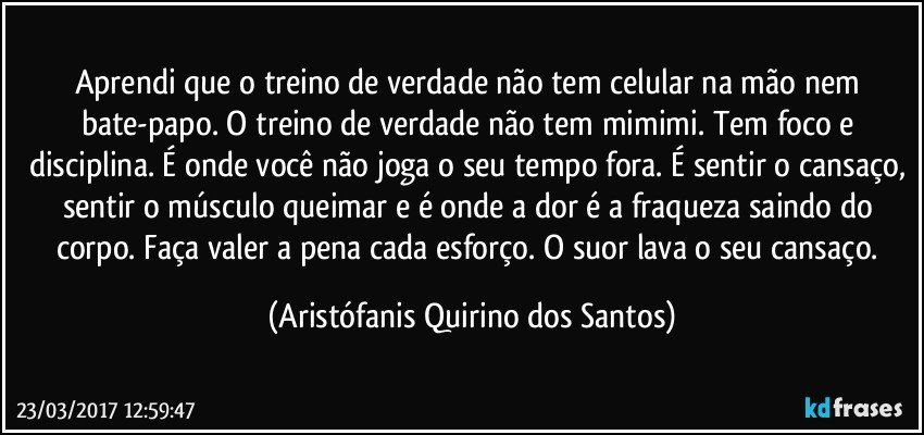 Aprendi que o treino de verdade não tem celular na mão nem bate-papo. O treino de verdade não tem mimimi. Tem foco e disciplina. É onde você não joga o seu tempo fora. É sentir o cansaço, sentir o músculo queimar e é onde a dor é a fraqueza saindo do corpo. Faça valer a pena cada esforço. O suor lava o seu cansaço. (Aristófanis Quirino dos Santos)