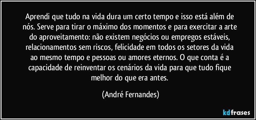 Aprendi que tudo na vida dura um certo tempo e isso está além de nós. Serve para tirar o máximo dos momentos e para exercitar a arte do aproveitamento: não existem negócios ou empregos estáveis, relacionamentos sem riscos, felicidade em todos os setores da vida ao mesmo tempo e pessoas ou amores eternos. O que conta é a capacidade de reinventar os cenários da vida para que tudo fique melhor do que era antes. (André Fernandes)