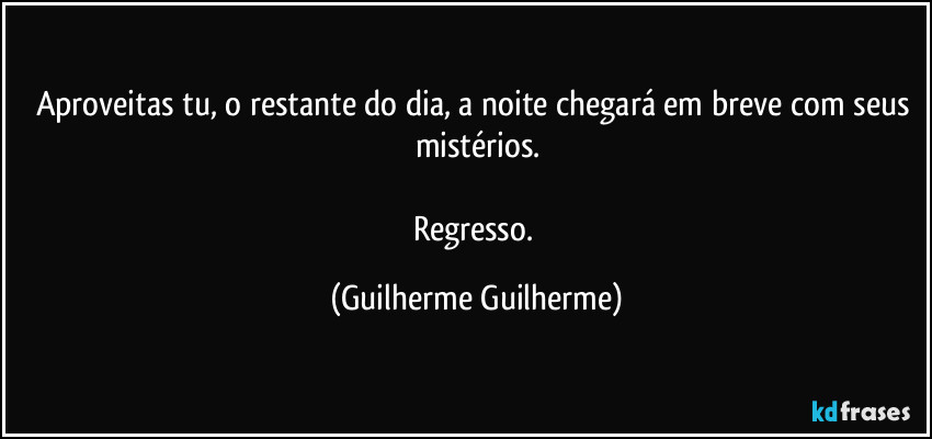 Aproveitas tu, o restante do dia, a noite chegará em breve com seus mistérios.
Regresso. (Guilherme Guilherme)