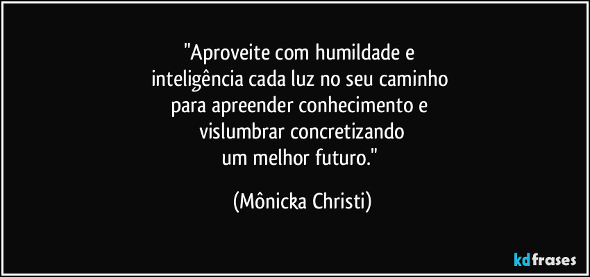 "Aproveite com humildade e 
inteligência cada luz no seu caminho  
para apreender conhecimento e 
vislumbrar concretizando
um melhor futuro." (Mônicka Christi)