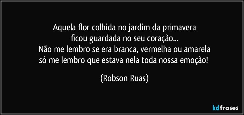 Aquela flor colhida no jardim da primavera
ficou guardada no seu coração...
Não me lembro se era branca, vermelha ou amarela
só me lembro que estava nela toda nossa emoção! (Robson Ruas)