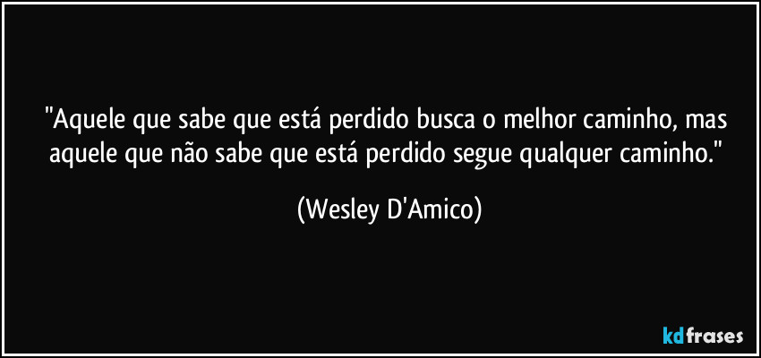 "Aquele que sabe que está perdido busca o melhor caminho, mas aquele que não sabe que está perdido segue qualquer caminho." (Wesley D'Amico)