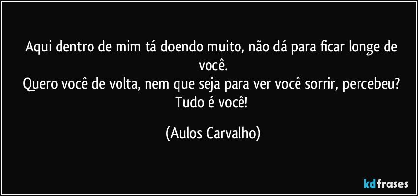 Aqui dentro de mim tá doendo muito, não dá para ficar longe de você.
Quero você de volta, nem que seja para ver você sorrir, percebeu? Tudo é você! (Aulos Carvalho)