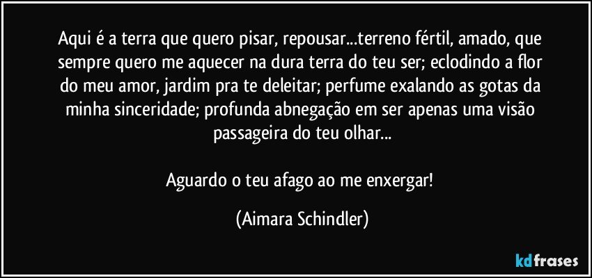 Aqui é a terra que quero pisar, repousar...terreno fértil, amado, que sempre quero me aquecer na dura terra do teu ser; eclodindo a flor do meu amor, jardim pra te deleitar; perfume exalando as gotas da minha sinceridade; profunda abnegação em ser apenas uma visão passageira do teu olhar...

Aguardo o teu afago ao me enxergar! (Aimara Schindler)