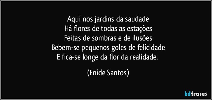 Aqui nos jardins da saudade
Há flores de todas as estações
Feitas de sombras e de ilusões
Bebem-se pequenos goles de felicidade
E fica-se longe da flor da realidade. (Enide Santos)