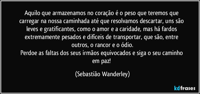 Aquilo que armazenamos no coração é o peso que teremos que carregar na nossa caminhada até que resolvamos descartar, uns são leves e gratificantes, como o amor e a caridade, mas há fardos extremamente pesados e difíceis de transportar, que são, entre outros, o rancor e o ódio.
Perdoe as faltas dos seus irmãos equivocados e siga o seu caminho em paz! (Sebastião Wanderley)