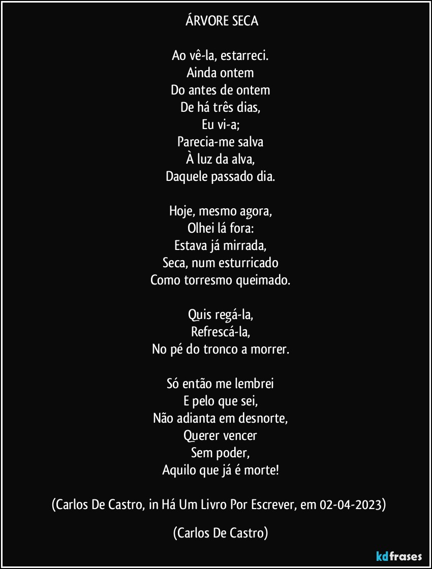 ⁠ÁRVORE SECA

Ao vê-la, estarreci.
Ainda ontem
Do antes de ontem
De há três dias,
Eu vi-a;
Parecia-me salva
À luz da alva,
Daquele passado dia.

Hoje, mesmo agora,
Olhei lá fora:
Estava já mirrada,
Seca, num esturricado
Como torresmo queimado.

Quis regá-la,
Refrescá-la,
No pé do tronco a morrer.

Só então me lembrei
E pelo que sei,
Não adianta em desnorte,
Querer vencer
Sem poder,
Aquilo que já é morte!

(Carlos De Castro, in Há Um Livro Por Escrever, em 02-04-2023) (Carlos De Castro)