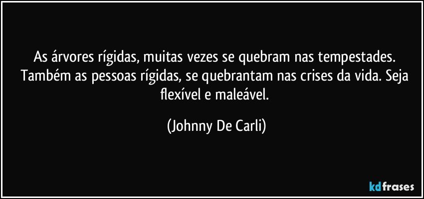 As árvores rígidas, muitas vezes se quebram nas tempestades. Também as pessoas rígidas, se quebrantam nas crises da vida. Seja flexível e maleável. (Johnny De Carli)