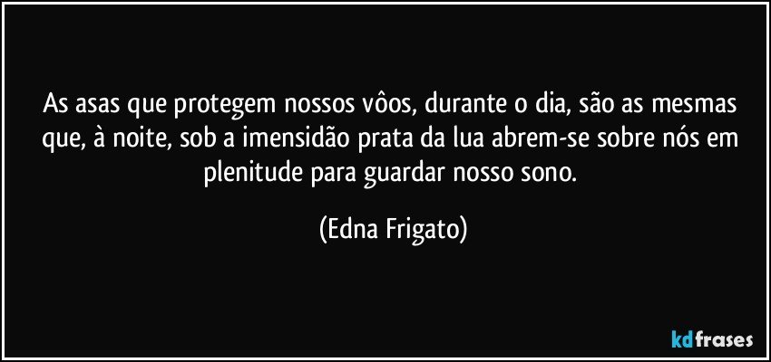 As asas que protegem nossos vôos, durante o dia, são as mesmas que, à noite, sob a imensidão prata da lua abrem-se sobre nós em plenitude para guardar nosso sono. (Edna Frigato)