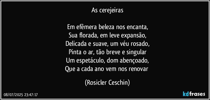 As cerejeiras

Em efêmera beleza nos encanta,
Sua florada, em leve expansão,
Delicada e suave, um véu rosado,
Pinta o ar, tão breve e singular
Um espetáculo, dom abençoado,
Que a cada ano vem nos renovar (Rosicler Ceschin)