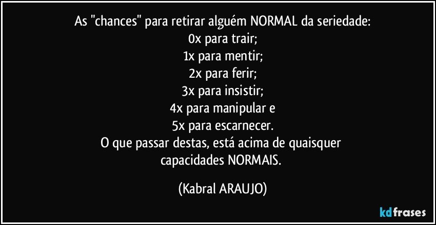 As "chances" para retirar alguém  NORMAL da seriedade:
0x para trair;
1x para mentir;
2x para ferir;
3x para insistir;
4x para manipular e
5x para escarnecer.
O que passar destas, está acima de quaisquer 
capacidades NORMAIS. (KABRAL ARAUJO)