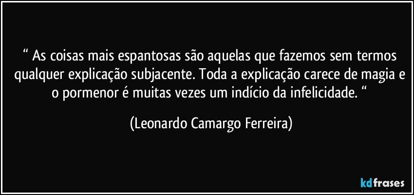 “ As coisas mais espantosas são aquelas que fazemos sem termos qualquer explicação subjacente. Toda a explicação carece de magia e o pormenor é muitas vezes um indício da infelicidade. “ (Leonardo Camargo Ferreira)