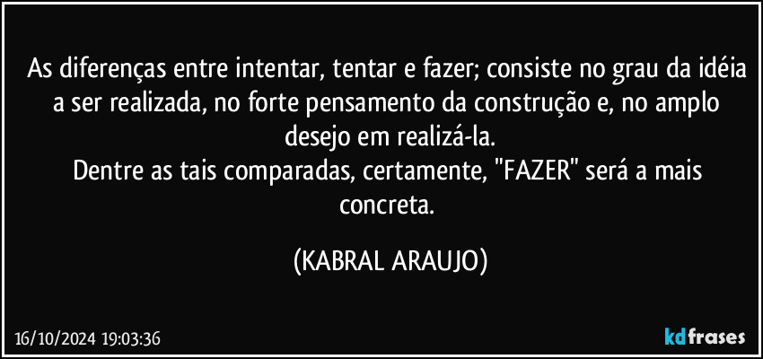 As diferenças entre intentar, tentar e fazer; consiste no grau da idéia a ser realizada, no forte pensamento da construção e, no amplo desejo em realizá-la.
Dentre as tais comparadas, certamente, "FAZER" será a mais concreta. (KABRAL ARAUJO)