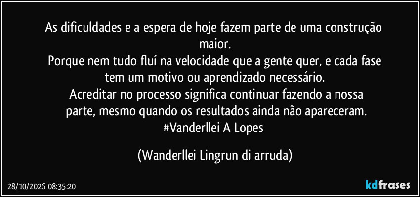 As dificuldades e a espera de hoje fazem parte de uma construção maior.
 Porque nem tudo fluí na velocidade que a gente quer, e cada fase tem um motivo ou aprendizado necessário.
 Acreditar no processo significa continuar fazendo a nossa
 parte, mesmo quando os resultados ainda não apareceram.
#Vanderllei A Lopes (Wanderllei Lingrun di arruda)