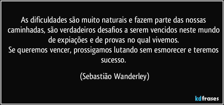As dificuldades são muito naturais e fazem parte das nossas caminhadas, são verdadeiros desafios a serem vencidos neste mundo de expiações e de provas no qual vivemos. 
Se queremos vencer, prossigamos lutando sem esmorecer e teremos sucesso. (Sebastião Wanderley)