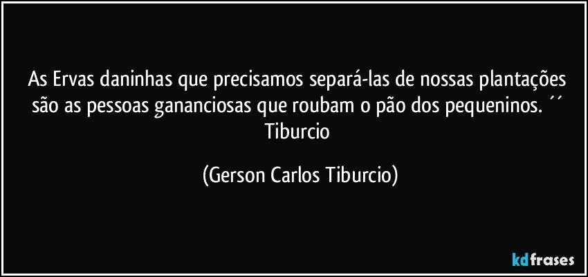 As Ervas daninhas que precisamos separá-las de nossas plantações são as pessoas gananciosas que roubam o pão dos pequeninos. ´´ Tiburcio (Gerson Carlos Tiburcio)