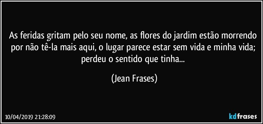 As feridas gritam pelo seu nome, as flores do jardim estão morrendo por não tê-la mais aqui, o lugar parece estar sem vida e minha vida; perdeu o sentido que tinha... (Jean Frases)