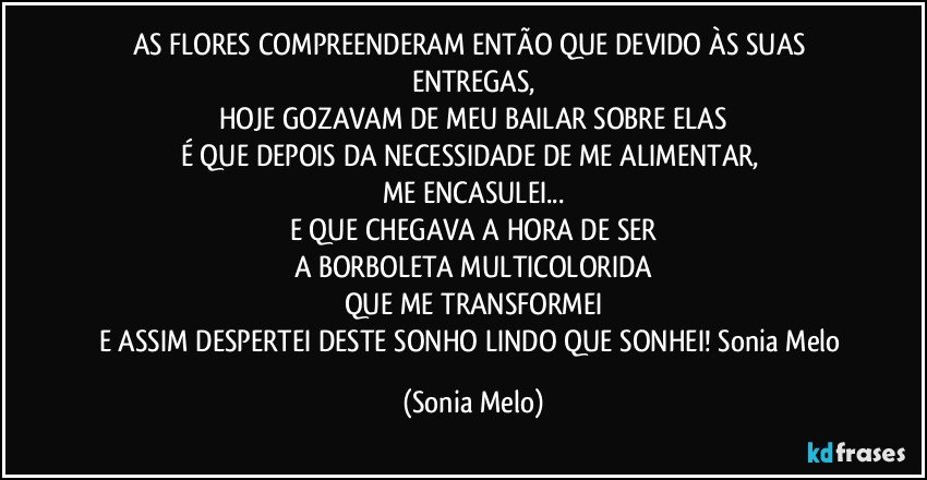 AS FLORES COMPREENDERAM ENTÃO QUE DEVIDO ÀS SUAS ENTREGAS,
HOJE GOZAVAM DE MEU BAILAR SOBRE ELAS
É QUE DEPOIS DA NECESSIDADE DE ME ALIMENTAR, 
ME ENCASULEI...
E QUE CHEGAVA A HORA DE SER
A BORBOLETA MULTICOLORIDA
QUE ME TRANSFORMEI
E ASSIM DESPERTEI DESTE SONHO LINDO QUE SONHEI! Sonia Melo (Sonia Melo)