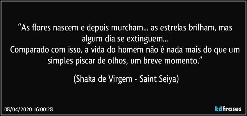 “As flores nascem e depois murcham... as estrelas brilham, mas algum dia se extinguem... 
Comparado com isso, a vida do homem não é nada mais do que um simples piscar de olhos, um breve momento.” (Shaka de Virgem - Saint Seiya)