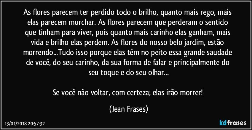 As flores parecem ter perdido todo o brilho, quanto mais rego, mais elas parecem murchar. As flores parecem que perderam o sentido que tinham para viver, pois quanto mais carinho elas ganham, mais vida e brilho elas perdem. As flores do nosso belo jardim, estão morrendo...Tudo isso porque elas têm no peito essa grande saudade de você, do seu carinho, da sua forma de falar e principalmente do seu toque e do seu olhar...

Se você não voltar, com certeza; elas irão morrer! (Jean Frases)