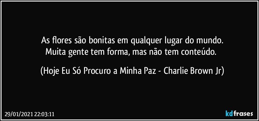 As flores são bonitas em qualquer lugar do mundo.
Muita gente tem forma, mas não tem conteúdo. (Hoje Eu Só Procuro a Minha Paz - Charlie Brown Jr)